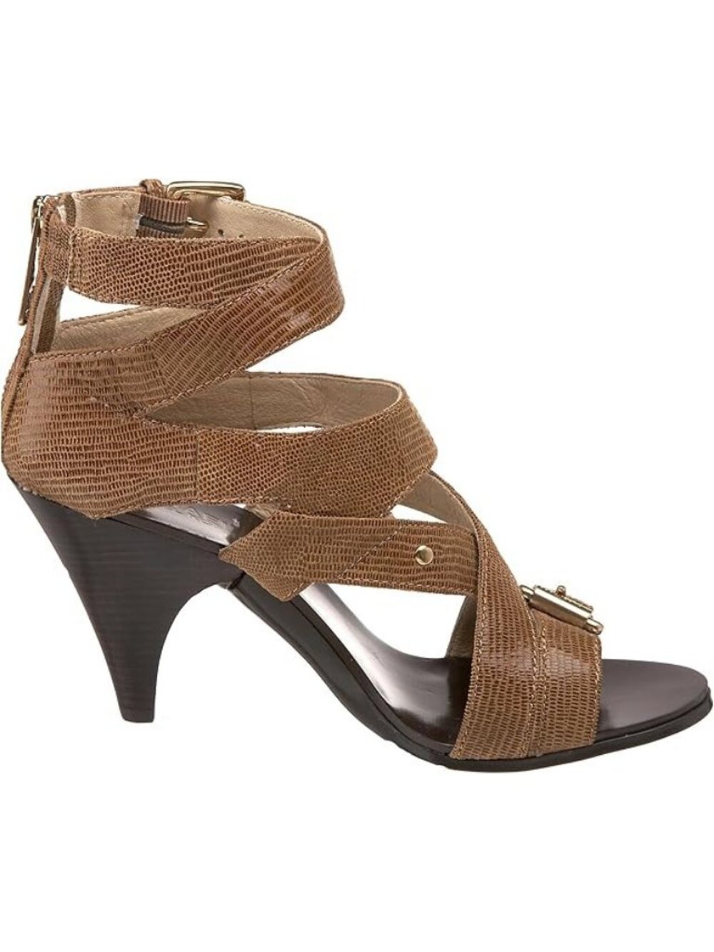 Michael Kors Tatum Cross Strap Reptile Embossed Shimmering Leather Cone Heels - Picture 2 of 8